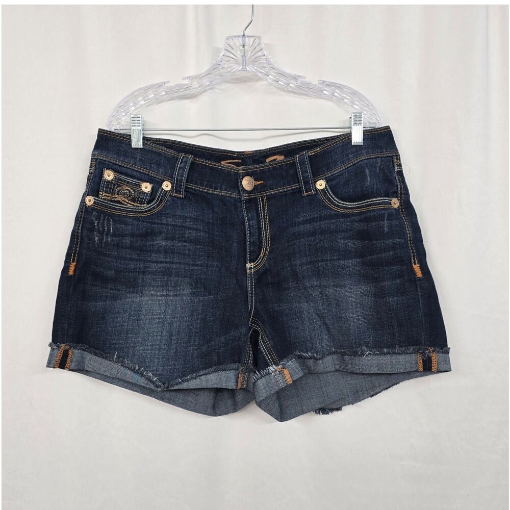 Seven7 Cuffed Jean Shorts Women's 16 Blue Dark Wash Distressed NWT